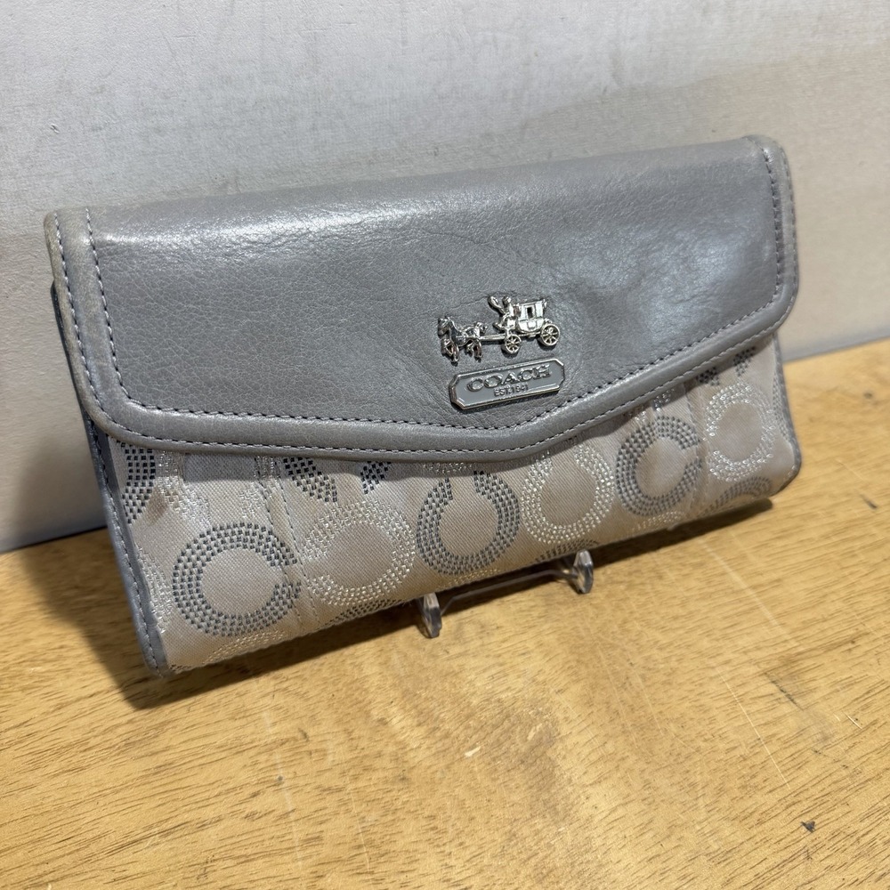 COACH Women Gray Silver Canvas Leather Trifold Wallet Op Art Logo Y2K 90s Zip - Picture 3 of 10
